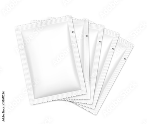 Set of blank sachet packaging for food, cosmetic and hygiene. Vector illustration on white background. Ready for your design. EPS10.