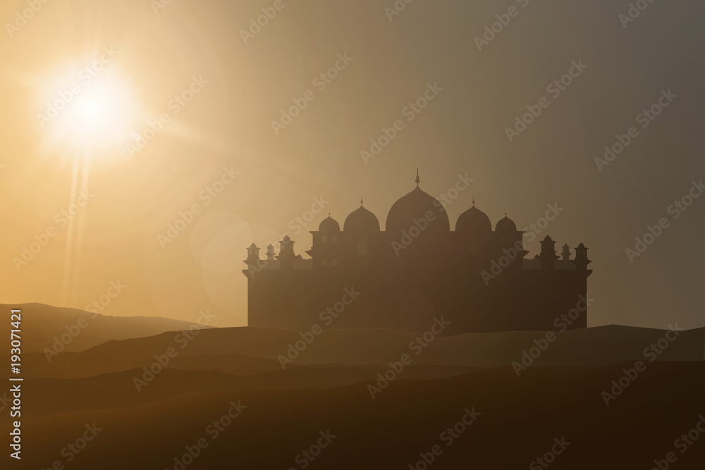 Silhouettes of majestic mosque on desert