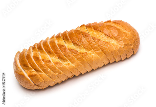 Sliced loaf of wheat bread on white background