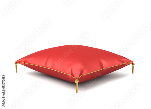 3d rendering of a red silk royal pillow with golden tussels isolated on a white background. photo