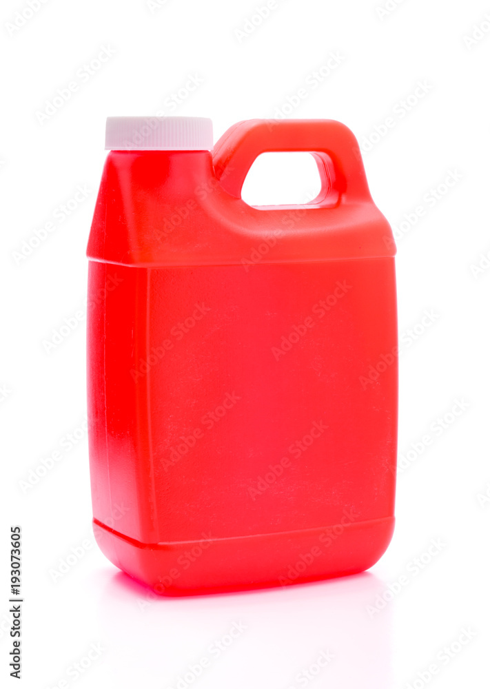 Red plastic container jerrycan isolated on white background closeup Red plastic container jerrycan isolated on white background closeup