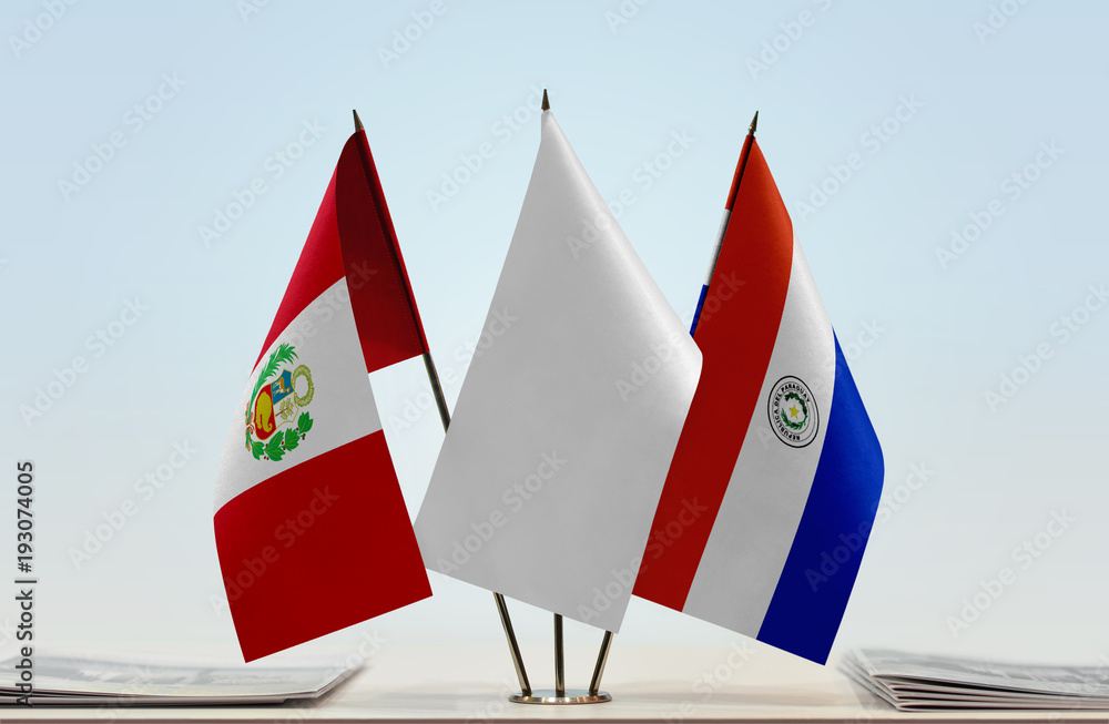Flags of Peru and Paraguay with a white flag in the middle Flags of Peru and Paraguay with a white flag in the middle
