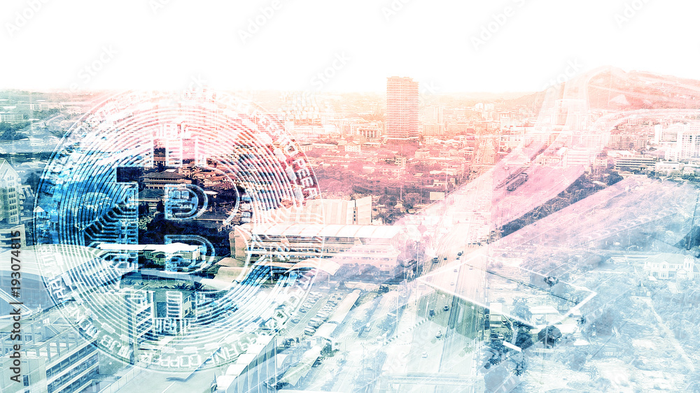 Double exposure of bitcoin in abstract technology and transportation concept with aerial view background Double exposure of bitcoin in abstract technology and transportation concept with aerial view background