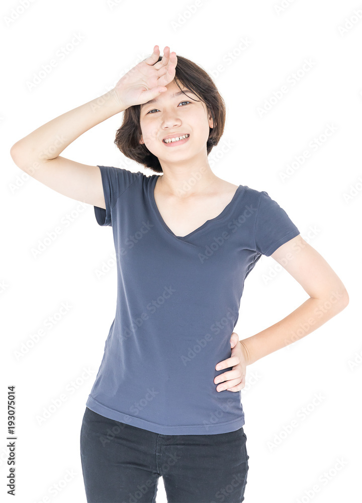 Young female short hair with blank gray t-shirt Young female short hair with blank gray t-shirt