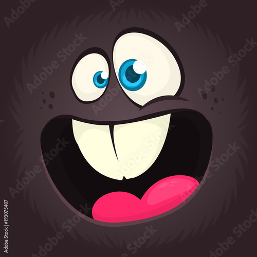 Excited cartoon monster face avatar. Vector Halloween black monster with big mouth. Design for print, children book, party decoration or logo