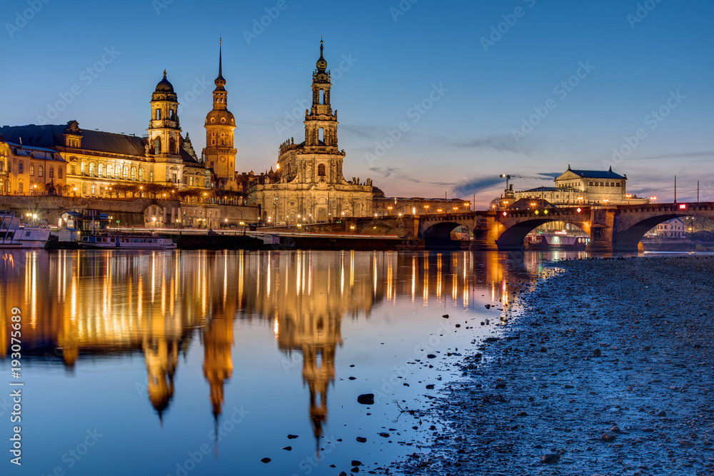 Sunset at the historic center of Dresden with the river Elbe