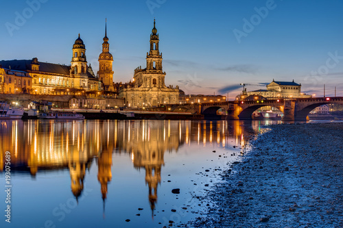 Sunset at the historic center of Dresden with the river Elbe