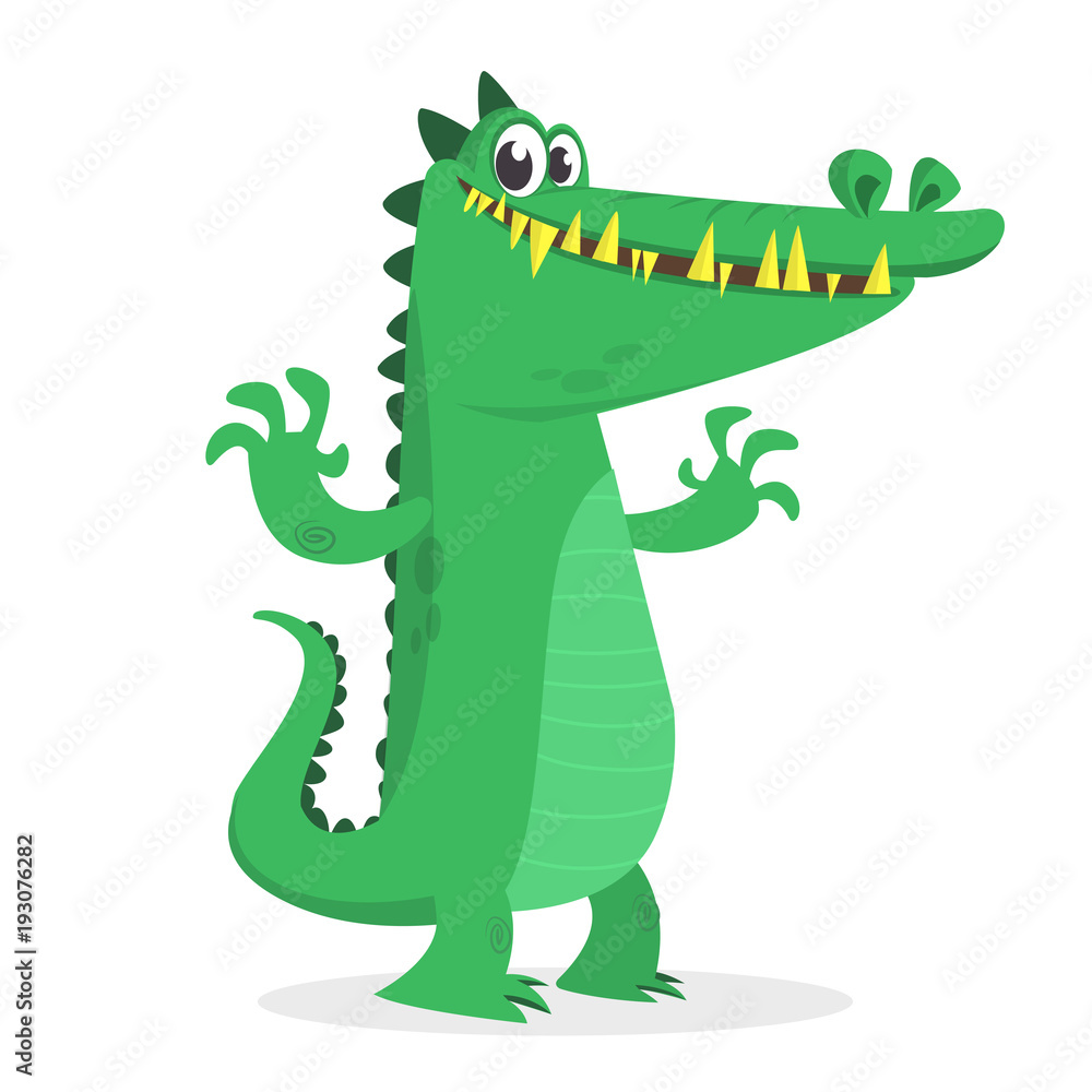 Fototapeta premium Cute cartoon crocodile. Vector illustration of a green crocodile waving ahands. Isolated on white