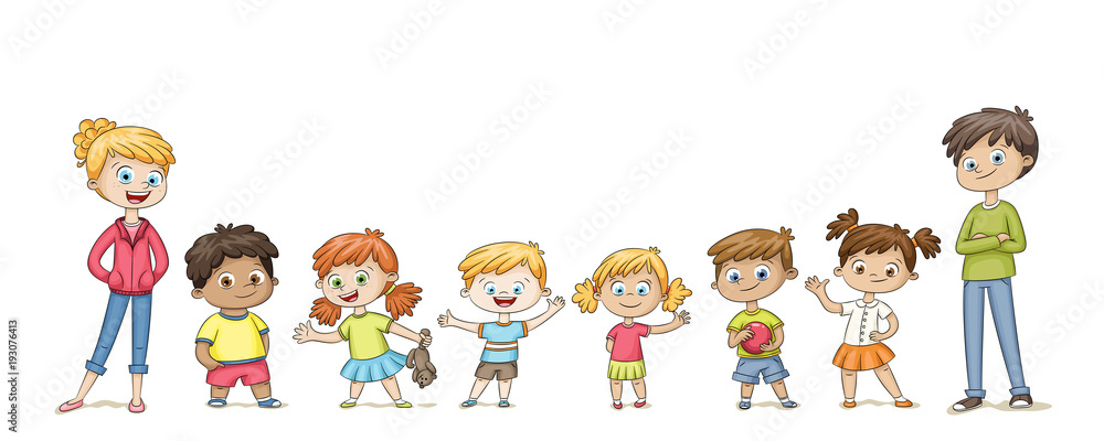Cute children standing in a row and wave. Funny cartoon character. Isolated  on white background. Stock Vector | Adobe Stock