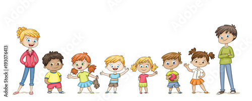 Cute children standing in a row and wave. Funny cartoon character. Isolated on white background.