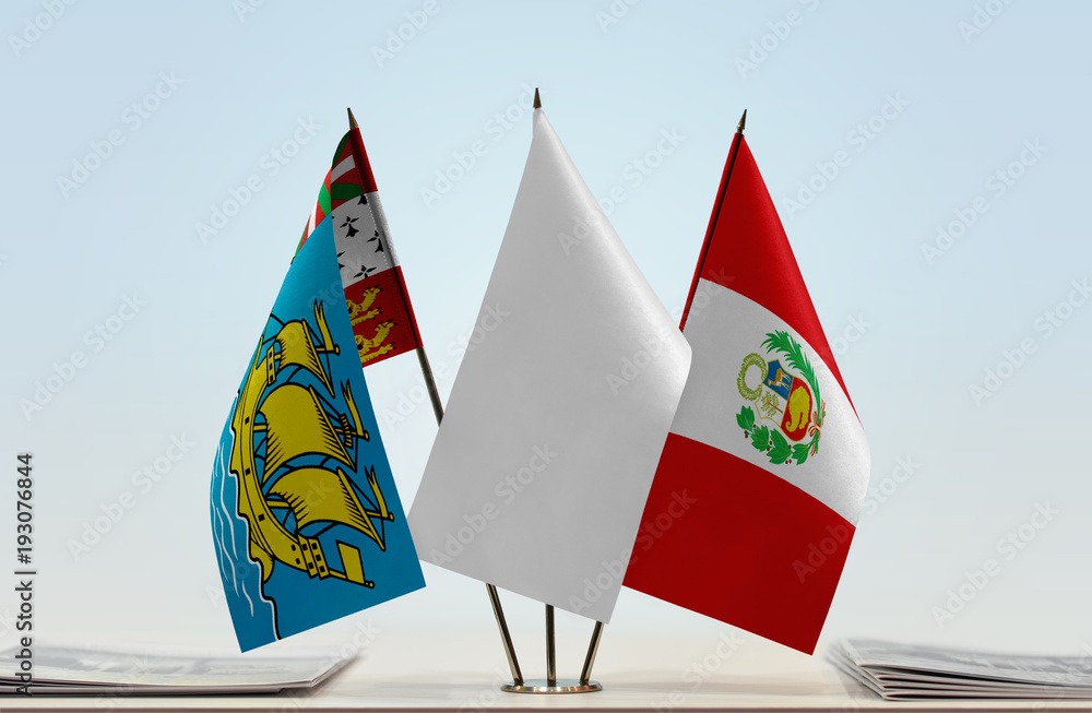 Fototapeta premium Flags of Saint Pierre and Miquelon and Peru with a white flag in the middle