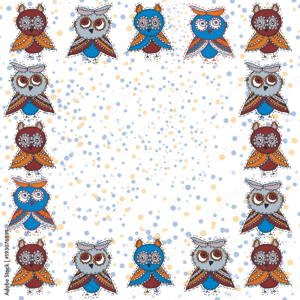square frame Cute characters Cartoon owls and owlets birds sketch doodle dark blue red burgundy isolated on white polka dot background. Vector square frame Cute characters Cartoon owls and owlets birds sketch doodle dark blue red burgundy isolated on white polka dot background. Vector