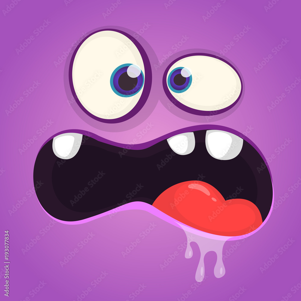 Angry cartoon monster face avatar. Vector Halloween purple monster with saliva on his face Angry cartoon monster face avatar. Vector Halloween purple monster with saliva on his face
