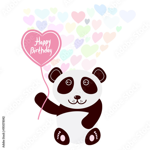 Fototapeta Naklejka Na Ścianę i Meble -  Happy birthday Card design cute kawaii panda with balloon in the shape of heart, pastel colors on white background. Vector