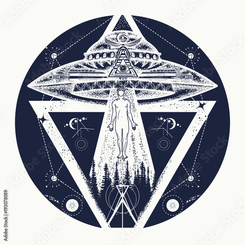 UFO tattoo art and t-shirt design. Invasion of aliens. Mystical symbol paranormal phenomena, first contact, UFO kidnapped tourist from tent in mountains tattoo. Aliens kidnap human