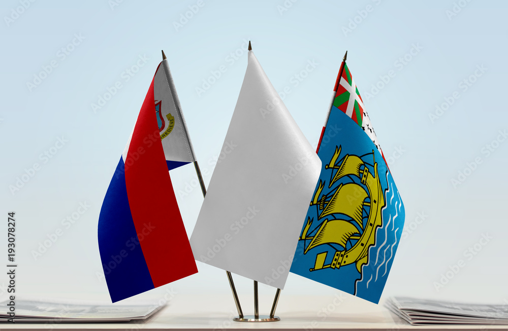 Flags of Sint Maarten and Saint Pierre and Miquelon with a white flag in the middle Flags of Sint Maarten and Saint Pierre and Miquelon with a white flag in the middle