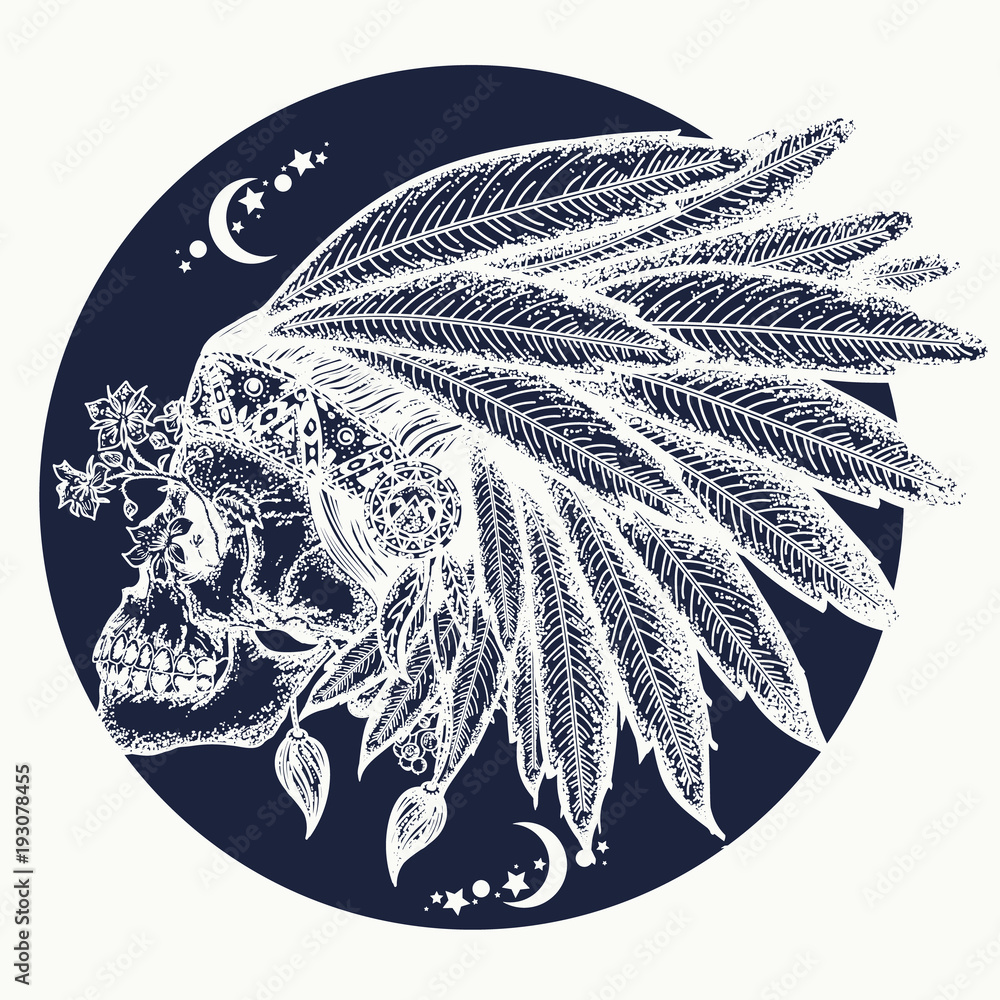 Indian skull tattoo art. Native American indian feather headdress with  human skull t-shirt design. Wild west. Warrior symbol Stock Vector | Adobe  Stock