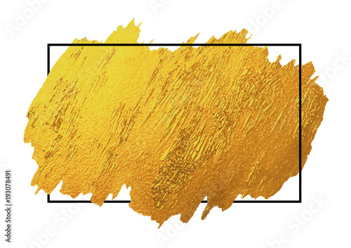 Gold brush stoke texture on white background with black line frame vector illustration