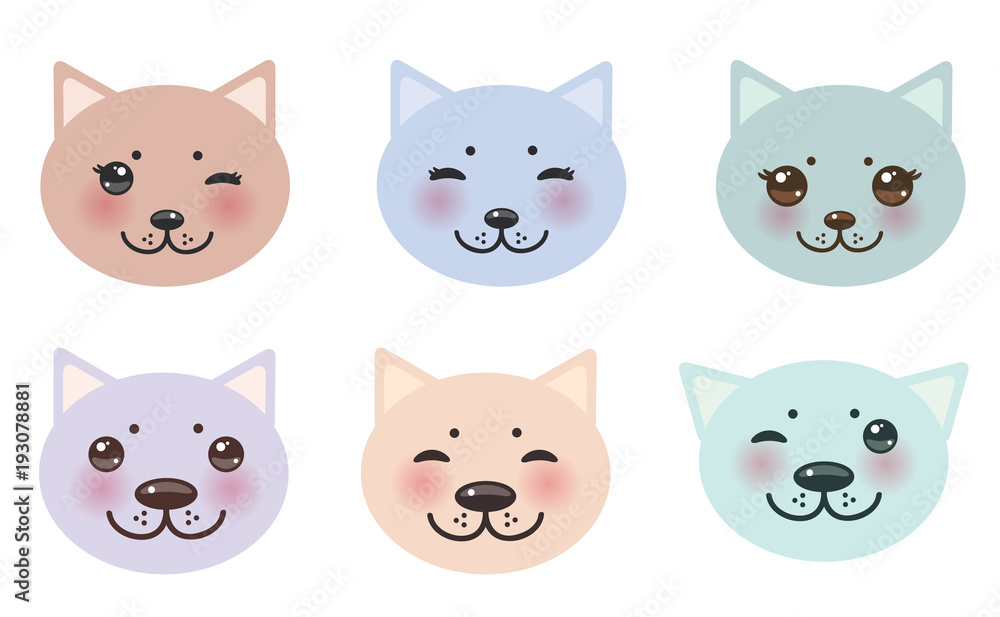 funny kawaii cat face pastel colors  Lavender blue pink ivory silhouette, white background. Vector