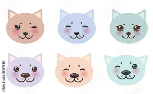 funny kawaii cat face pastel colors Lavender blue pink ivory silhouette, white background. Vector