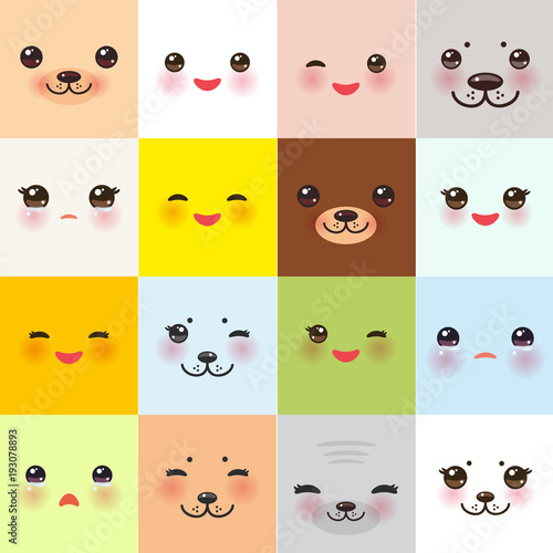 Kawaii funny muzzle set with pink cheeks and winking eyes on square background. Vector