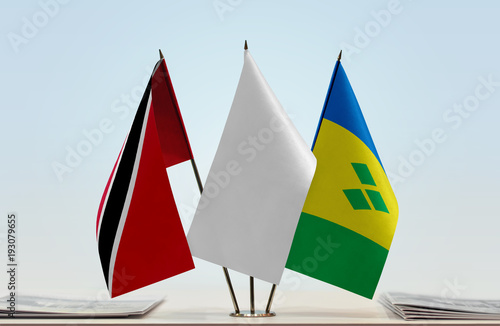 Flags of Trinidad and Tobago and Saint Vincent and the Grenadines with a white flag in the middle