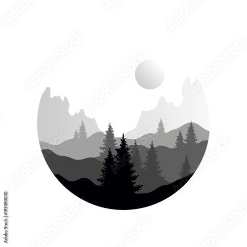 Beautiful nature landscape with silhouettes of coniferous trees and mountains, natural scene icon in geometric round shaped design, vector illustration in black and white colors
