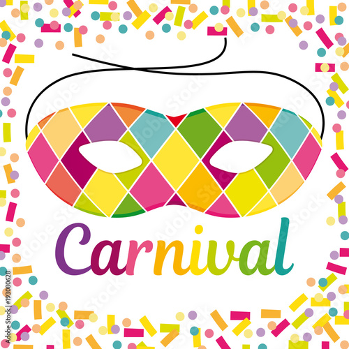 Joyful Carnival illustration with beautfiul Harlequin mask on a colorful confetti and streamers vector background.