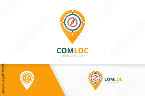 Vector compass and map pointer logo combination. Navigation and gps locator symbol or icon. Unique travel and pin logotype design template.