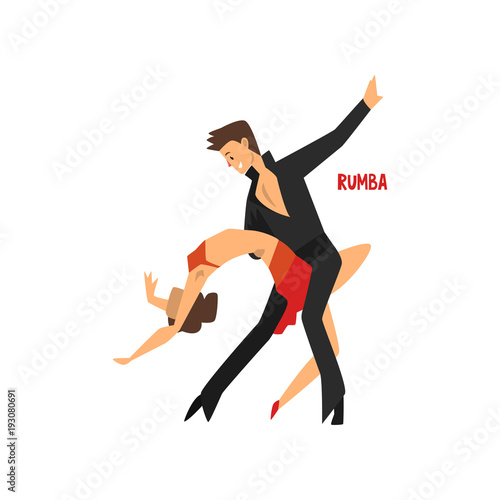 Professional dancer couple dancing rumba, pair of young man and woman dressed in elegant clothing performing dance vector Illustration on a white background