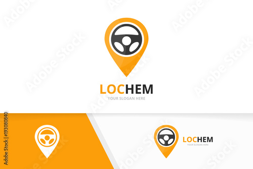 Vector car helm and map pointer logo combination. Steering wheel and gps locator symbol or icon. Unique rudder and pin logotype design template.
