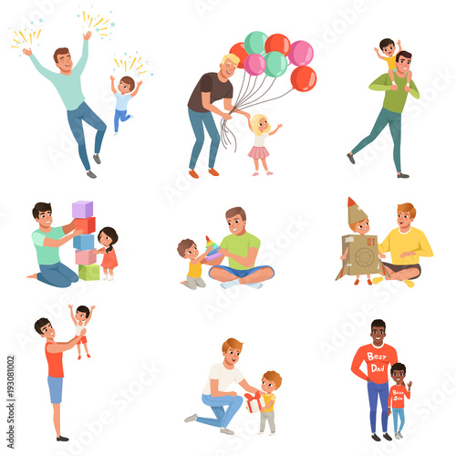 Fathers playing and enjoying good quality time with their happy little children set  fatherhood concept vector Illustrations on a white background
