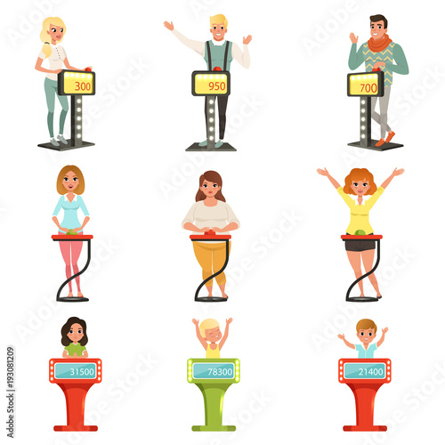 People taking part at quiz show set, players answering questions standing at stand with buttons vector Illustrations