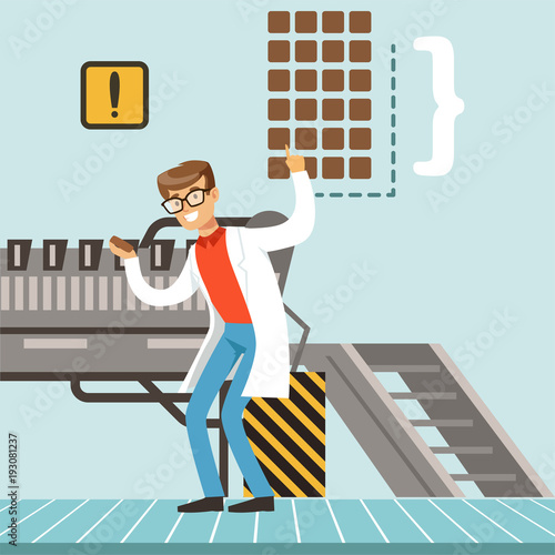  hocolate factory production line, male confectioner controlling the production process vector Illustration