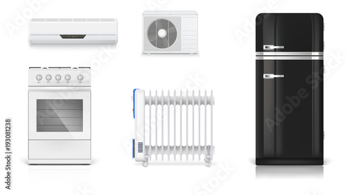 Home electrical appliances. Air conditioning, electric oil radiator, refrigerator with retro design, gas stove. Set icons of household appliances on white background. 3D illustration.