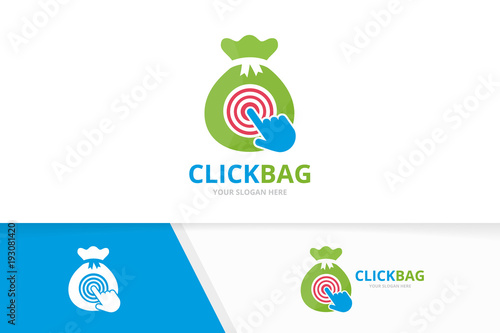 Vector bag and click logo combination. Sack and cursor symbol or icon. Unique money and digital logotype design template.