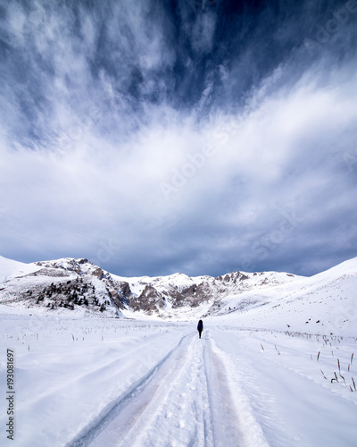 Person walking away down a snowy winter road through country field in a scenic landscape conceptual of the seasons