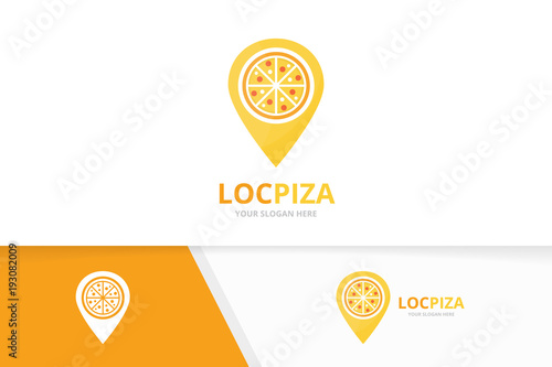 Vector pizza and map pointer logo combination. Food and gps locator symbol or icon. Unique pizzeria and pin logotype design template.