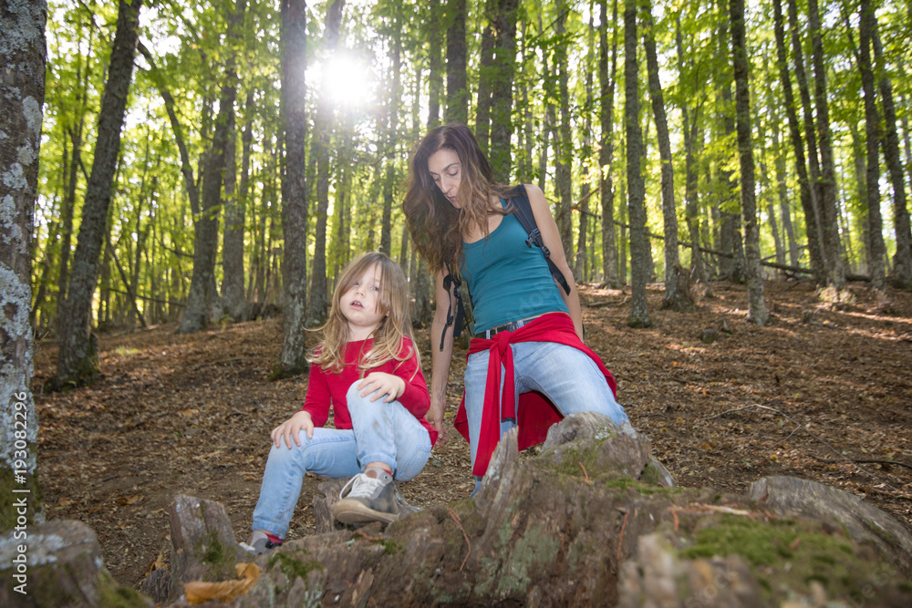 four years age blonde child sitting on trunk near mother woman in forest of chestnut trees in autumn in backlight
four years age blonde child sitting on trunk near mother woman in forest of chestnut trees in autumn in backlight