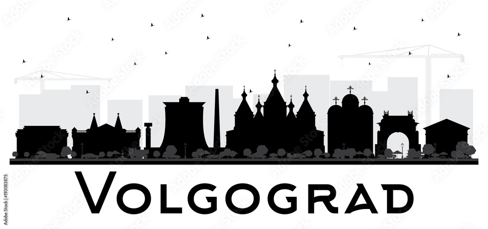 Volgograd Russia City Skyline Silhouette with Black Buildings Isolated on White.