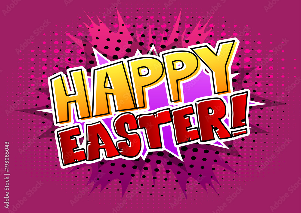Happy Easter text on comic book background. Vector cartoon character illustration.