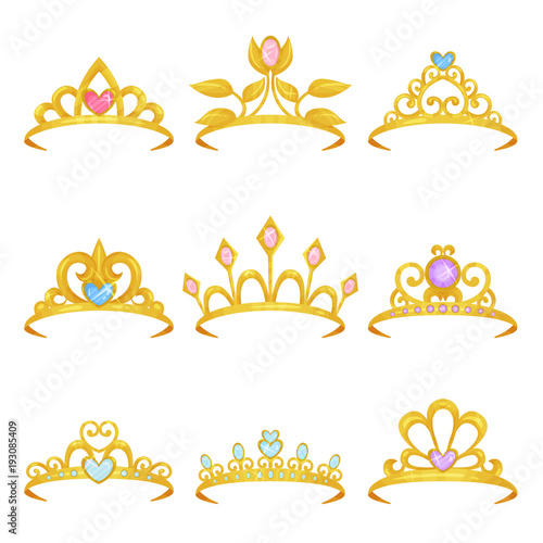 Collection of various royal crowns decorated with shiny gemstones. Golden princess tiara. Precious women s accessories. Expensive jewelry. Colorful flat vector design