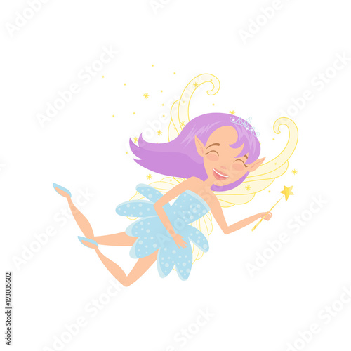 Happy little fairy with purple hair dressed in fancy blue dress. Girl with beautiful wings flying and spreading magic dust by her wand. Imaginary fairytale character. Flat vector