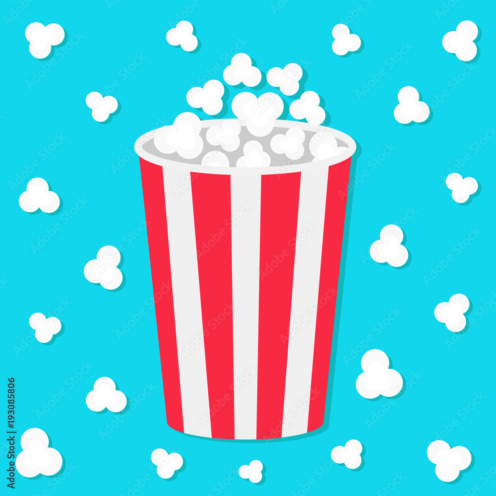 Popcorn round bucket box. Movie Cinema icon in flat design style. Pop corn popping. Flying element. Blue background. Fast food.