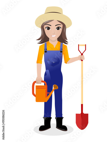 Female Gardener Holding Watering Can and Shovel 