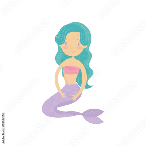 Smiling mermaid with long turquoise hair. Cartoon girl with purple fish tail. Beautiful mythical creature. Flat vector design for children book, sticker or postcard