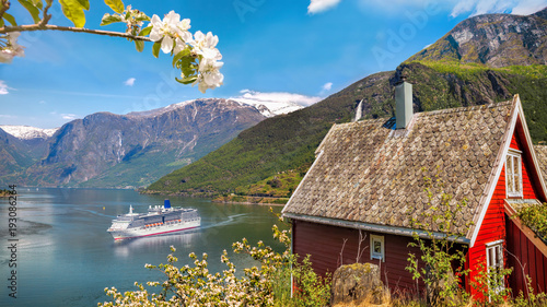 Red cottage against cruise ship in fjord, Flam, Norway photo