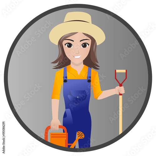 Female Gardener Holding Watering Can and Shovel 