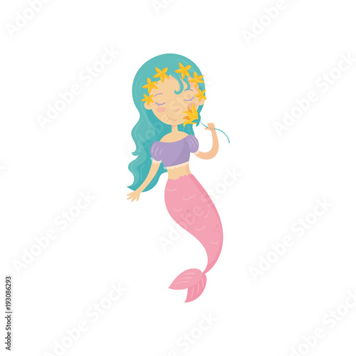 Cartoon illustration of mermaid with yellow flower in hand. Mythical marine creature. Underwater life. Flat vector design for postcard or children book