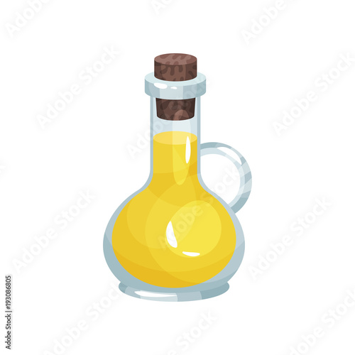 Small glass jug with tapered bung filled with rapeseed oil. Cooking ingredient. Organic and healthy product. Transparent bottle in form of flask. Flat vector design